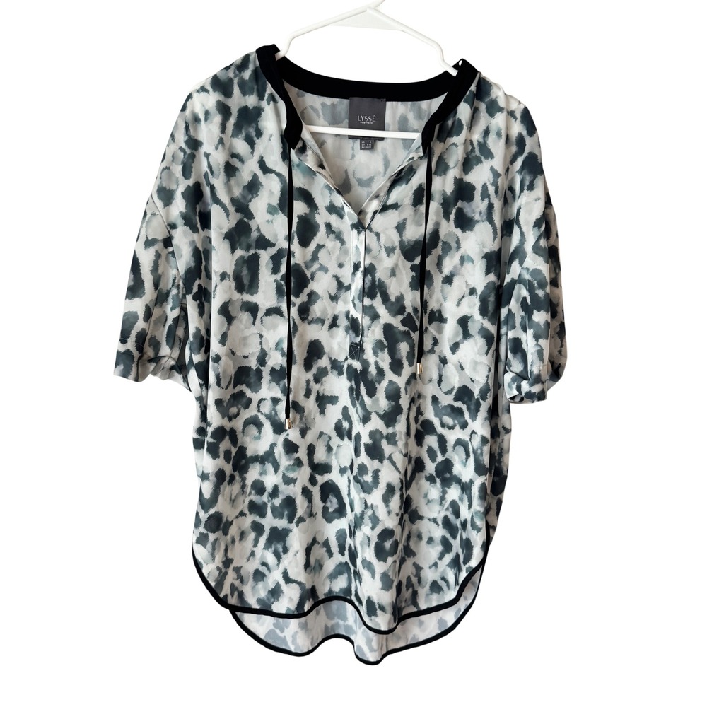 Lysse New York Leopard Print Short Sleeve V-Neck Tie Blouse Grey Black Small